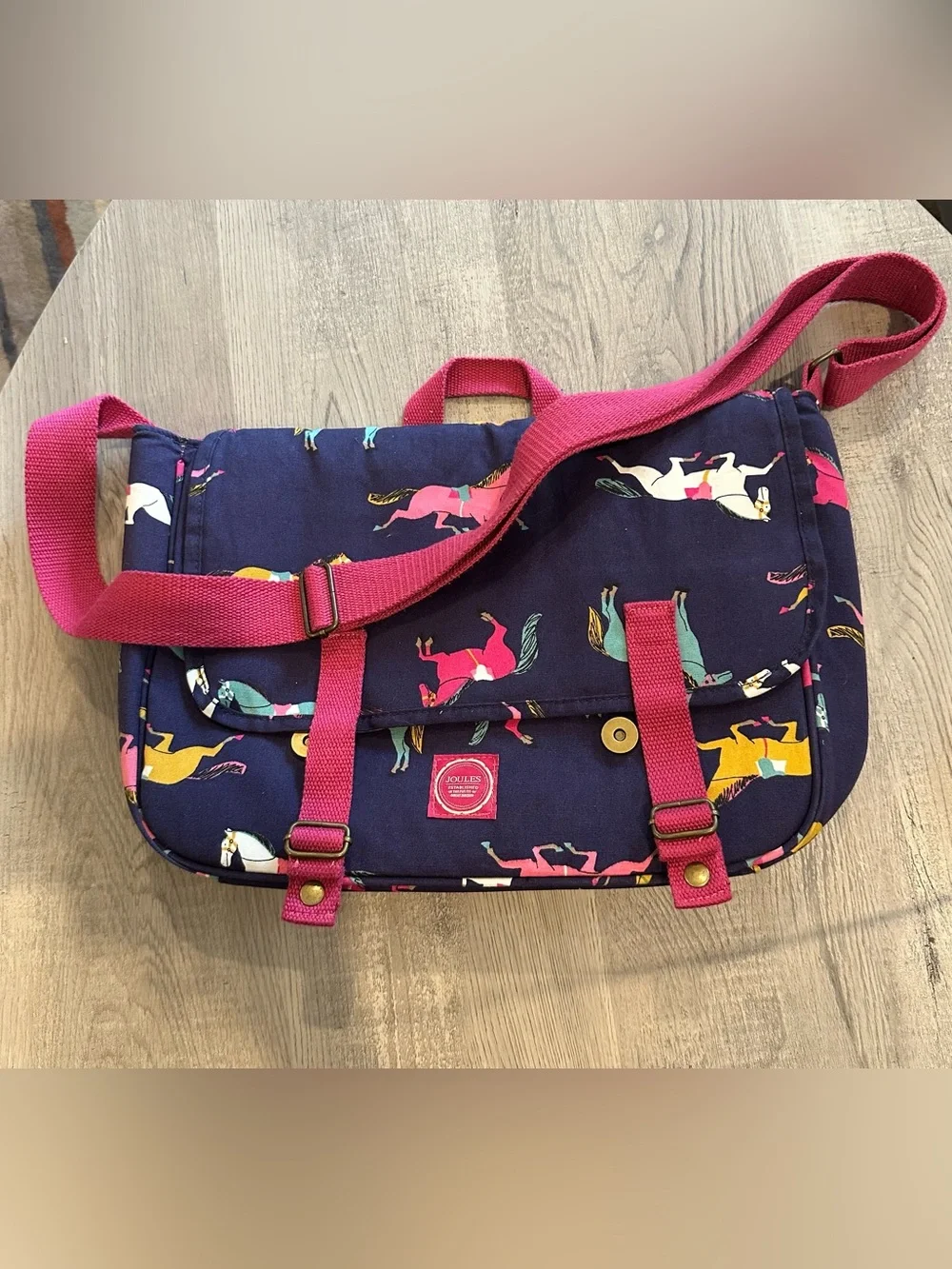 Joules Navy Crossbody Bag with Pink Strap and Multicolor Horse Print